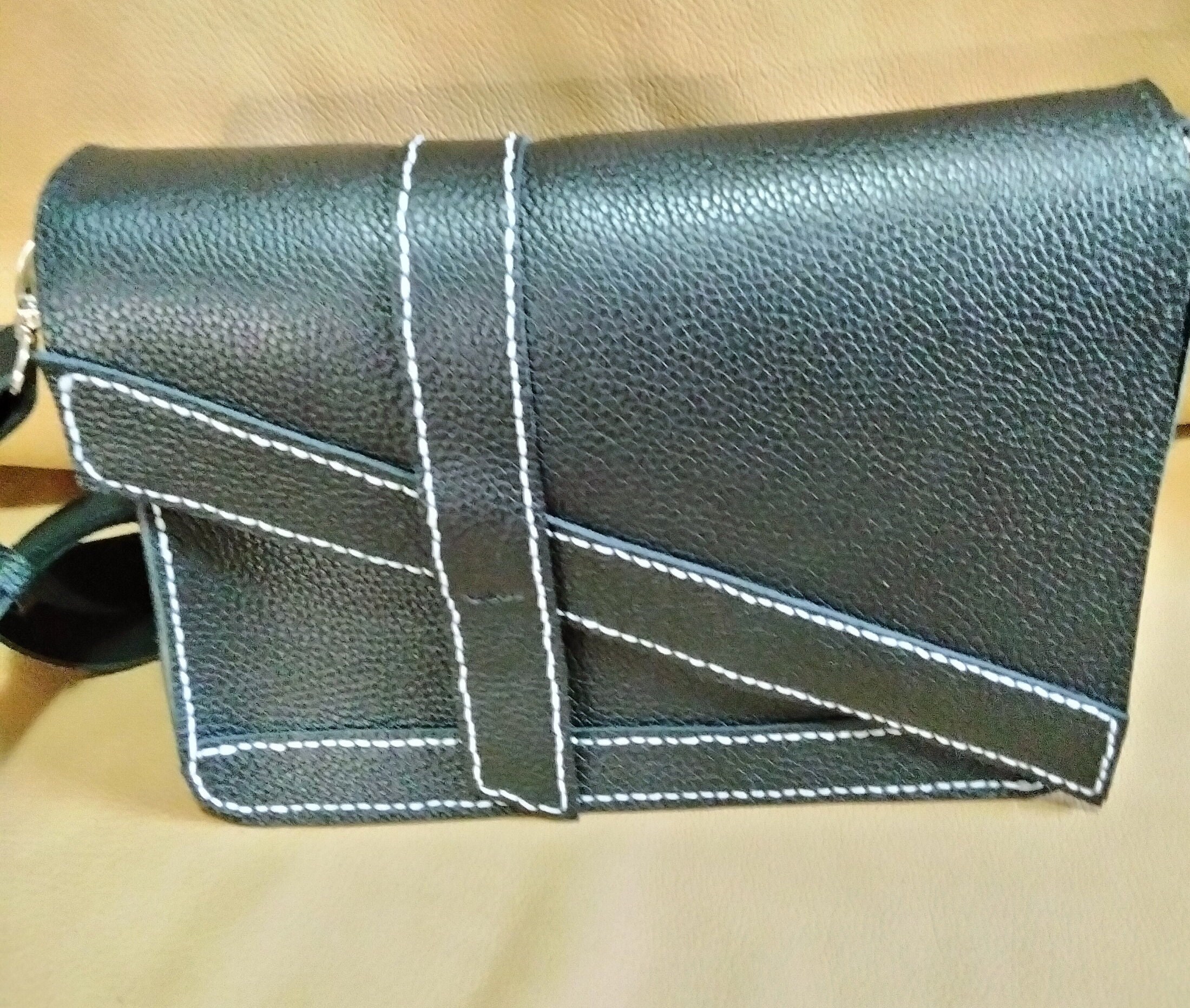 Black Leather Semi-structured Crossbody/ Shoulder Bag. Hand