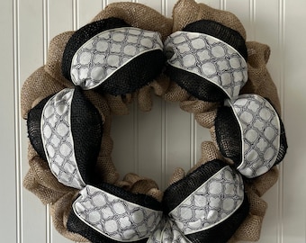 Burlap Wreath, Black & White Ribbon, Rustic Home Decor