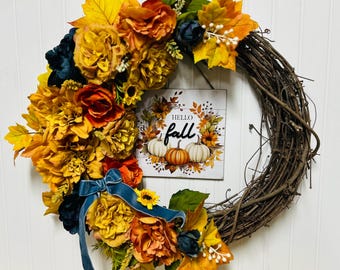 Fall Grapevine Wreath: Pumpkins, Velvet Bow, Farmhouse Autumn Decor