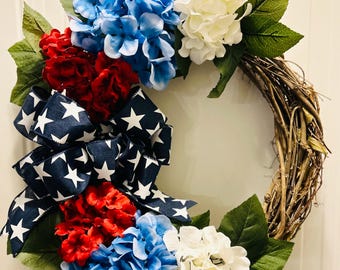 Handcrafted Patriotic Hydrangea Wreath | Red White Blue Americana Summer Decor
