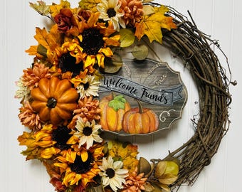 Fall Wreath with Welcome Friends Sign: 20" Autumn Leaves, Sunflowers & Mums