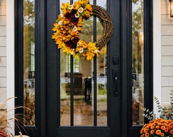 Couronne d'automne / Couronne pour porte d'entrée / Couronne de dahlias d'automne / Couronne d'hortensias orange / Décoration d'automne / Couronne de porte d'automne