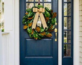 Magnolia Leaf Wreath with Burlap Bow, Farmhouse Front Door Wreath, Southern Front Porch Decor, Year Round Greenery Wreath, Housewarming Gift