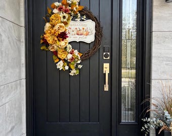 Couronne d'automne artisanale, panneau citrouille « Bienvenue dans notre ferme », décoration de ferme automnale