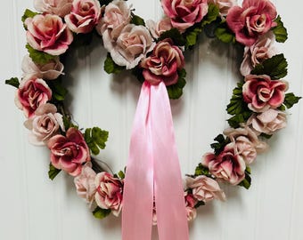 Heart Floral Wreath, Pink Rose, Satin Ribbon, Valentine's Day Decor