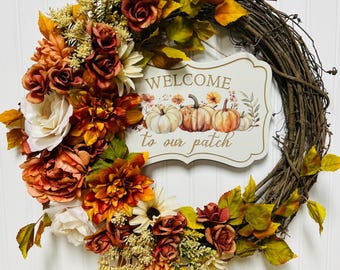 Fall Front Door Wreath, Autumn Welcome Wreath with Roses, Peonies & Dahlias, Harvest Decor