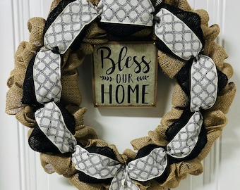 Burlap Farmhouse Wreath with Black & White Ribbon - 22" Rustic Door Decor