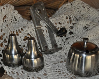 Old brushed stainless steel salt npepper shakers, homewares and VINTAGE can opener