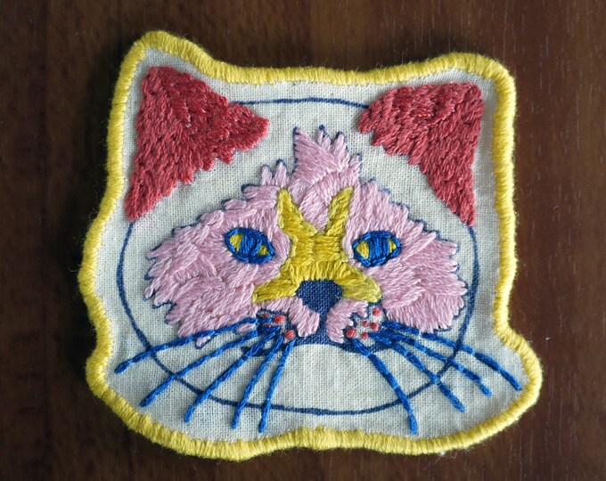 Hand Embroidered Cat Patch Pink Yellow Etsy