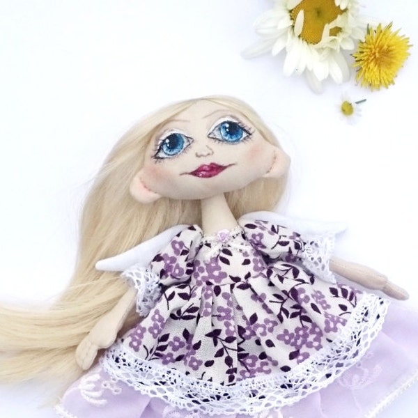 Blonde Angel doll in Provence style stuffed Art Doll rag doll Guardian angel baptism gift for girls