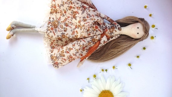 Tilda Doll White Brown Floral Blonde Fabric Doll Cute Cloth Etsy