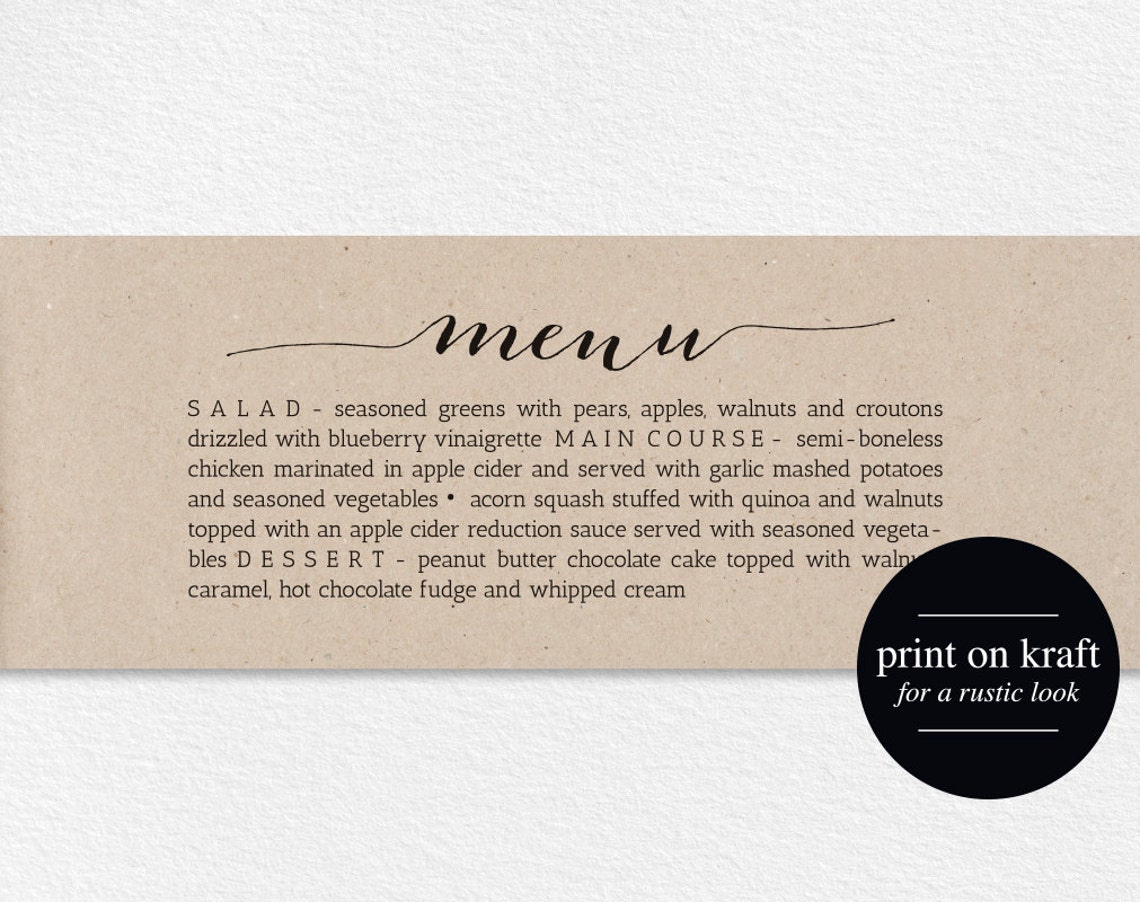 Printable Wedding Menu Napkin Menu Wrap Wedding Menu | Etsy