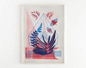 Summer Terrarium (A3 version), Risograph, Botanical Print, Plant Lovers Gift