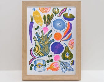 Vegetable Risograph Print: Colorful Kitchen Art for Gardeners (A4)