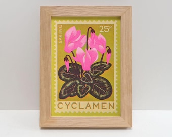 Cyclamen A5 Risograph Mini Print | Spring Flower illustration, Vintage Stamp Art