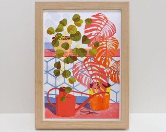 Hoya A4 Risograph Print | Tropical Plants Still Life Illustration, Colorful Botanical Art