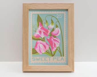 Sweet Pea A5 Risograph Mini Print | Summer Flower illustration, Vintage Stamp Art