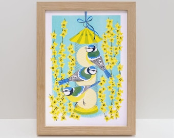 Blue Tits & Forsythia Risograph Print: Bird Feeder Art (A4)