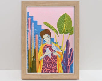 Frida Kahlo A4 Risograph Print | Mexican Female Artist Portrait, Feminist Art Gift