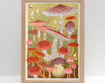 Fungi A3 Risograph Print | Botanical Wild Mushroom Illustration, Autumn Decor Gift for Foragers