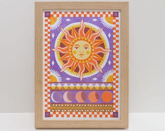 Sunbeam A4 Risograph Print | Celestial Sun & Moon Phases, Astrology Wall Art Illustration