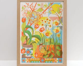 April A3 Risograph Print | Spring Daffodils and Tulips Floral Art Illustration, Gift For Gardeners