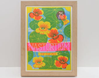 Nasturtium Risograph Print: Vintage Seed Packet Illustration, Retro Kitchen Art