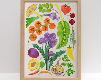 Homegrown A3 Risograph Print | Seasonal Vegetable Kitchen Decor, Art Gift For Gardeners