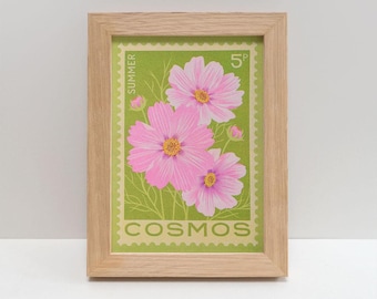 Cosmos A5 Risograph Mini Print | Summer Flower illustration, Vintage Stamp Art