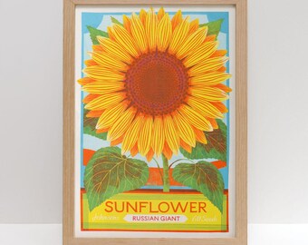 Sunflower A3 Risograph Print | Retro Vintage Floral Seed Packet Design, Art Gift For Gardeners