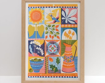 May include: A colorful framed print with a patchwork design featuring a sunflower, a bird, a compass, a pitcher, and other botanical elements.