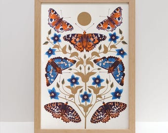 Autumn Days A3 Risograph Print | Fall Botanical Butterfly Wildlife Garden illustration Wall Art