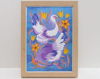 Hens and Tulips A4 Risograph Print | Colourful Farmhouse Scene, Chickens Wall Art