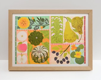 Harvest A3 Risograph Print | Botanical Fruit & Flower Autumn Wall Art for Kitchen Decor