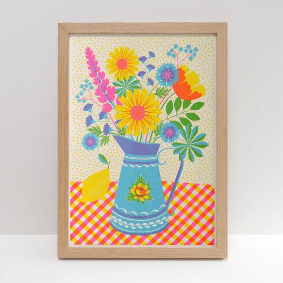 Summer Blooms A3 Risograph | Floral Bouquet Still Life Illustration - Gallery, Kitchen, Lounge Wall Art
