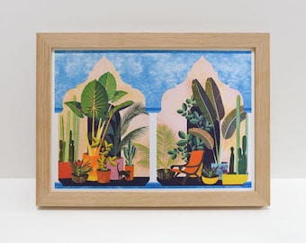 Hacienda Courtyard A4 Risograph Print | Tropical Oasis with Cat, Travel Illustration, Tropical Plants Art