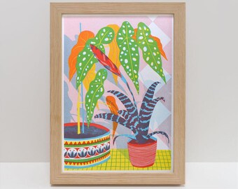 Bromeliad A4 Risograph Print | Tropical Plants Still Life Illustration, Colorful Botanical Art