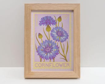 Cornflower A5 Risograph Mini Print | Summer Flower illustration, Vintage Stamp Art