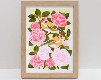 Goldfinch & Camellia Risograph Print: Botanical Bird Art (A4)