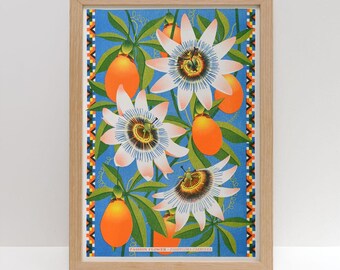 Passion Flower A3 Risograph Print | Exotic Tropical Botanical Wall Art Decor Floral Illustration