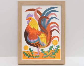 Rooster A4 Risograph Print | Colourful Farmhouse Scene, Cockerel Wall Art