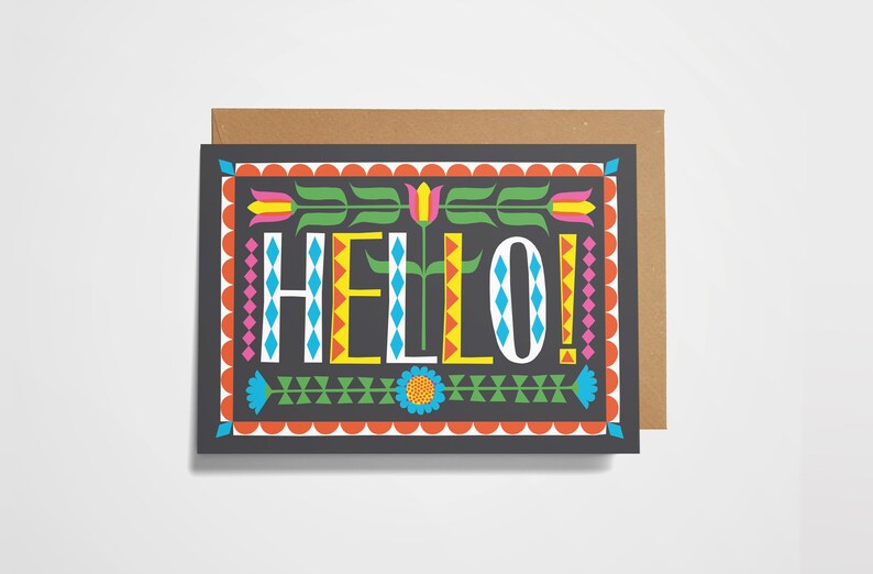Hello Greetings Card Folk Art Card Thinking of You Card Etsy UK