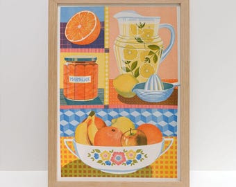 Orange & Lemon A3 Risograph Print | Vintage Kitchenware Still Life Retro Food Print