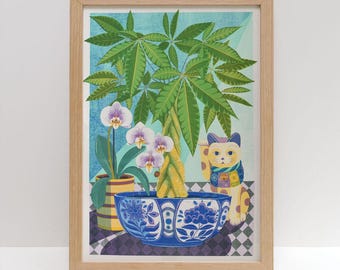Money Tree A3 Risograph Print | Botanical Good Fortune Asian Art with Maneki-Neko