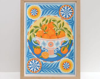 Orange Bowl A3 Risograph Print | Mediterranean Italian Citrus Majolica Style Kitchen Wall Art Decor