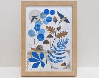 Hegderow A4 Risograph Print | Woodland Botanical Nature Illustration, Countryside Flora and Fauna Wildlife Art