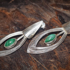 Handmade Hammered sterling silver and semi precious stone free swinging leaf earrings with opal, moonstone, labradorite or chrysoprase