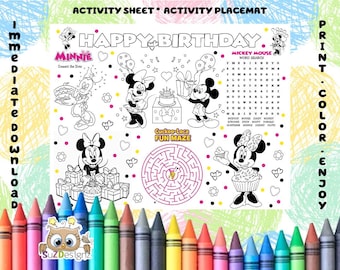 Minnie Mouse Pink Mouse Birthday Coloring Page - Printable Birthday Coloring Placemat - Coloring Activity Sheet - Immediate Download