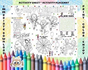 Spidey and his Friends Birthday Coloring Page - Printable Birthday Coloring Placemat - Birthday Coloring Activity Sheet - Immediate Download