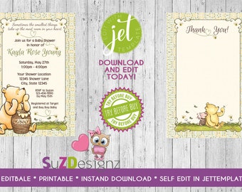 Classic Winnie the Pooh Neutral Baby Shower Invitation and more... Digital FIle - EDITABLE - Immediate Download-Jet Template